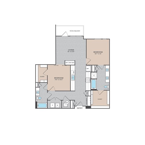 A floor plan of a house with two bedrooms and a living area.